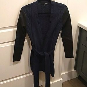 Anna Catherine Belted Cardigan Leather sleeves Lambs wool Angora Cashmere blend